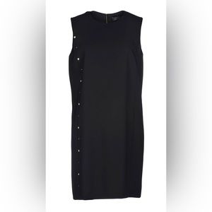 Versace black shift dress with medusa detailing along length of dress.